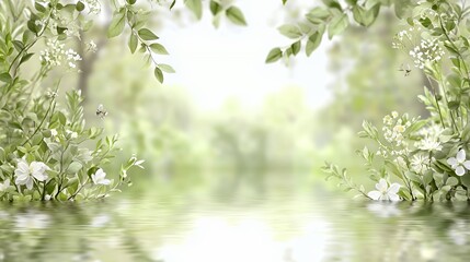 Serene Water Reflection with White Flowers and Green Leaves