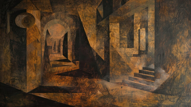 abstract composition in dark brown and orange tones. The painting features geometric shapes, arches and stairs, creating a sense of depth and spatial perspective 