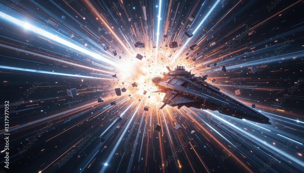 Poster futuristic spaceship in cosmic explosion with colorful light rays