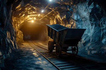 A metal ore cart on well-worn tracks, glowing softly, evokes the nostalgic allure of industrial heritage.