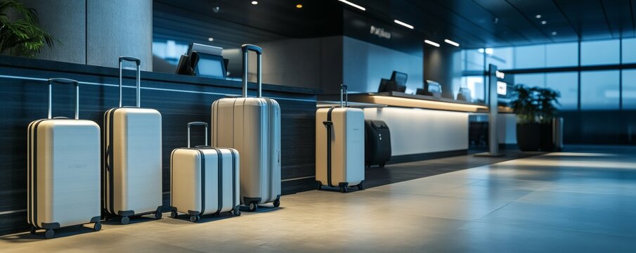 Several pieces of luggage are set near a reception desk area