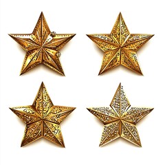 Shiny golden Christmas stars, with intricate details and bright reflections, perfect for holiday decorations The stars are isolated on white background
