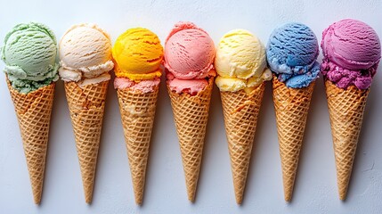ice cream cones filled with vibrant scoops of different colors and textures