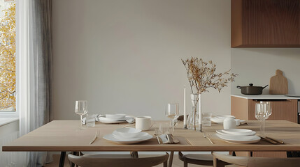 Modern Dining Room Table Setting In Natural Light With Beige Brown White Color Palette Wooden Furniture Minimalist Style Cozy Interior Design