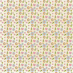 Whimsical repeating floral pattern with hearts and leaves on cream background. Playful retro design ideal for children’s prints, stationery, and scrapbooking.