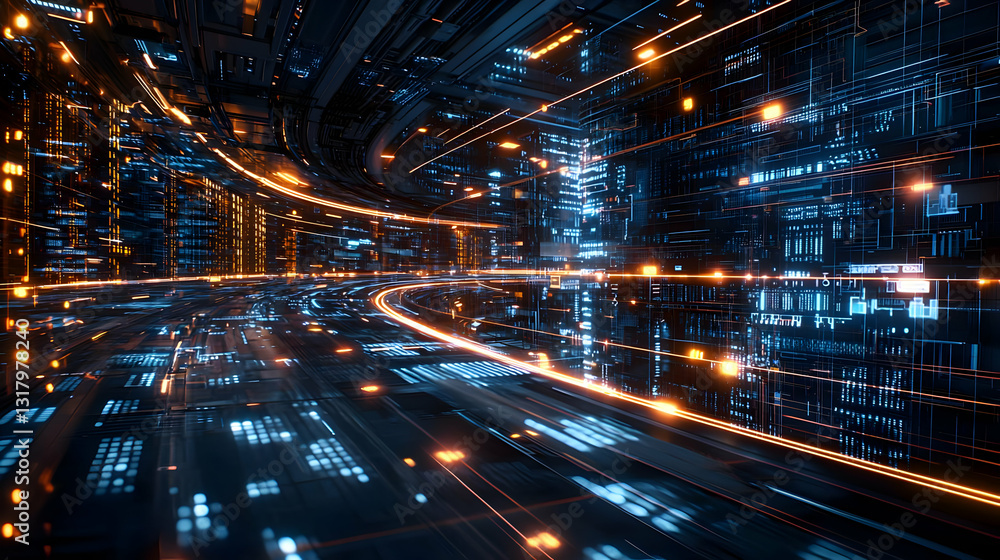 Poster futuristic digital tunnel with illuminated pathways and complex circuitry in blue and orange light a