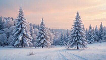 Fototapeta premium Winter Wonderland with Snow-Covered Trees and Soft Pastel Sky