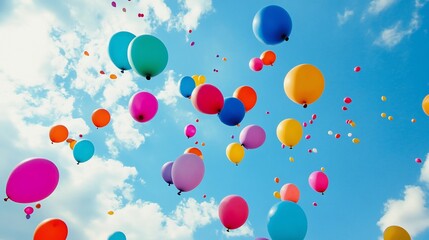 Vibrant Colorful Balloons Soaring High in a Bright Blue Sky A Festive Celebration of Joy and Freedom