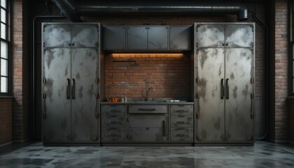 Industrial Kitchen with Rustic Metal Cabinets and Exposed Brick Wall
