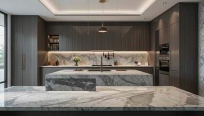 Modern Elegant Kitchen Design with Marble Countertop and Cabinets