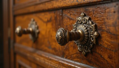 Obraz premium Ornate Brass Knobs on Vintage Wooden Drawer in Rich Detail