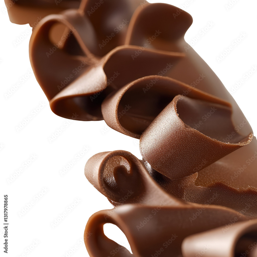 Poster close-up image of rich chocolate curls and shavings highlighting the glossy texture and delicate swi