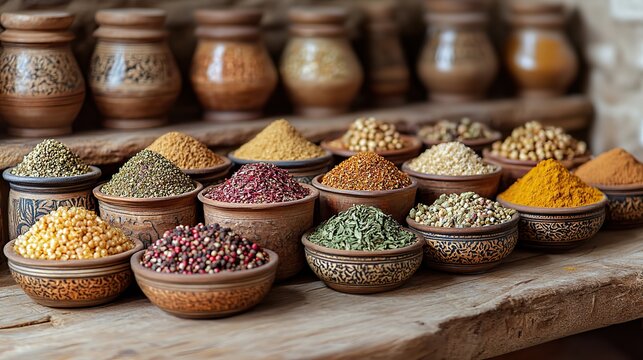 kitchen table with a diverse collection of spices in various containers and bowls