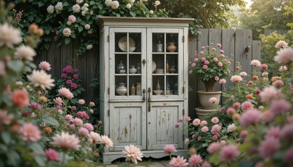 Rustic cabinet surrounded by colorful flowers in sunlight garden