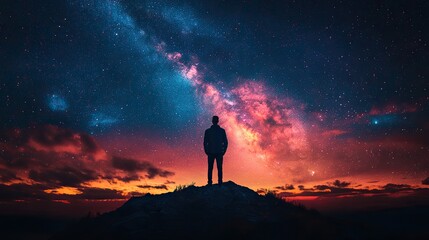 Fototapeta premium man standing on top of mountain and looking at starry sky