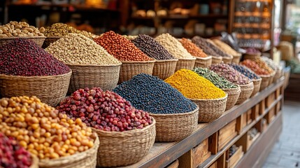Fototapeta premium market stall showcasing an array of spices and dry fruits