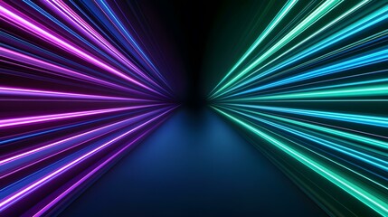 Fototapeta premium The image contains vibrant, neon-colored lines converging from opposite sides towards a central vanishing point, creating a dynamic and futuristic effect.