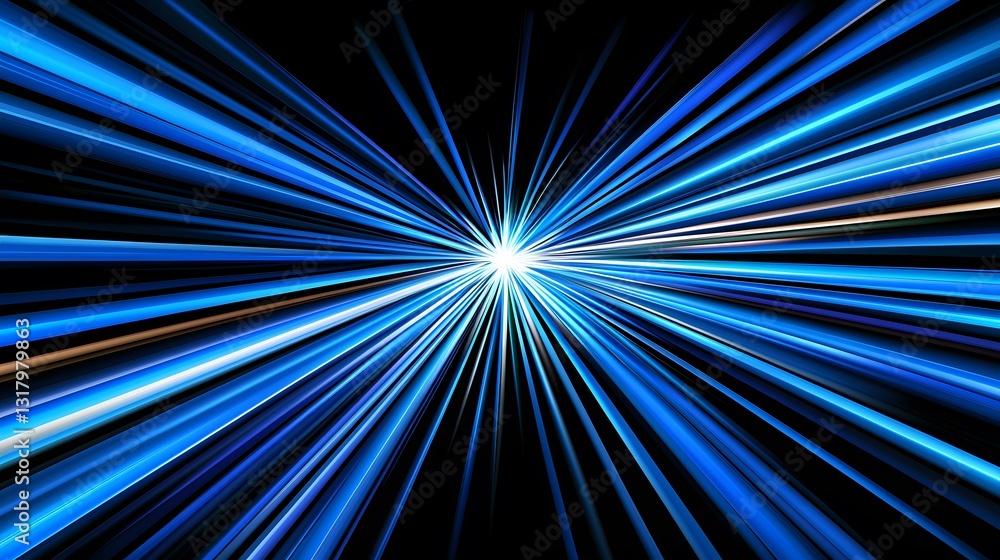 Poster the image contains a burst of blue and black radiating lines emanating from a central bright point, 