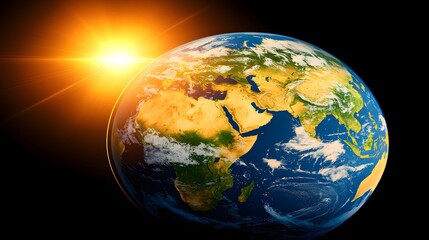 Fototapeta premium A highly detailed image shows planet Earth, with a bright sun rising in the background, illuminating the continents of Africa, Asia and Europe.