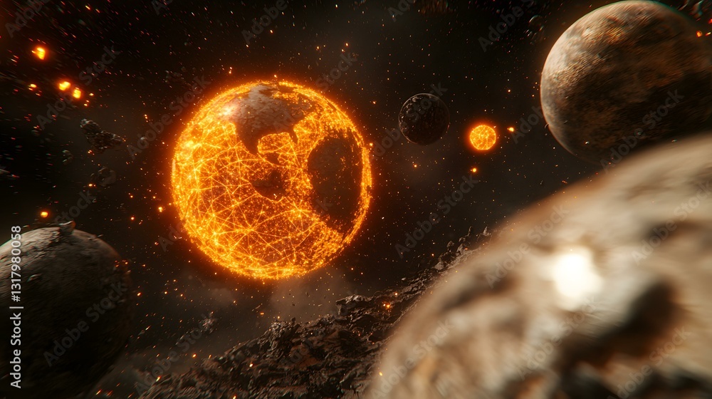 Poster a fiery planet, ablaze with an intricate network of glowing lines, dominates a chaotic cosmic scene;