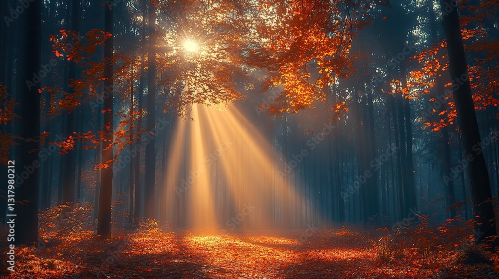 Canvas Prints mysterious forest with sunbeams and fog in autumn