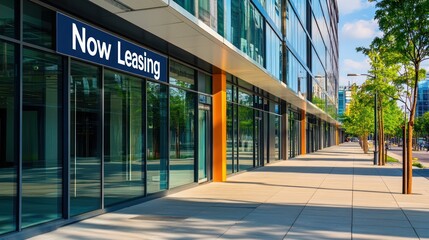 Modern commercial building with prominent "Now Leasing" signage along storefront