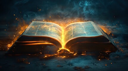 open book with rays of light coming out of pages on a dark background