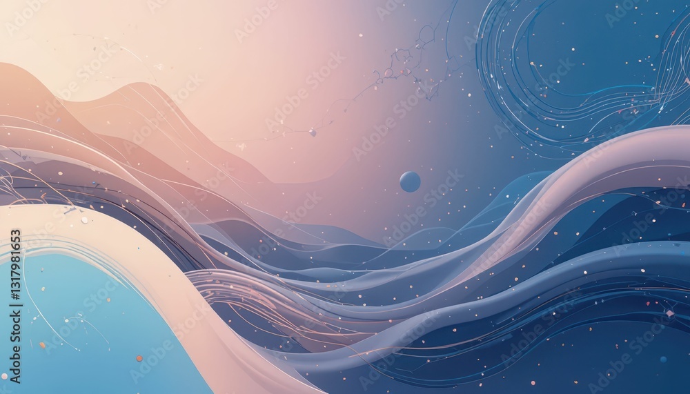 Poster abstract waves in soft color palette with stars and planets