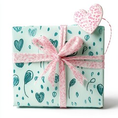 Teal Gift Box with Pink Ribbon and Heart Decoration