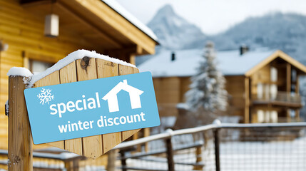 A wooden sign announces a special winter discount in a snowy landscape with wooden cabins in the background.