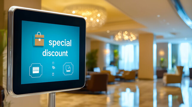 A digital display in a hotel lobby advertising a special discount, with a modern and elegant interior design in the background.