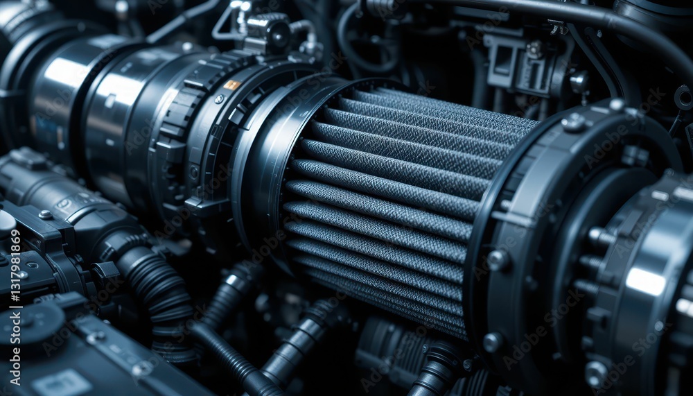 Poster close-up of high-performance air filter in a modern engine system