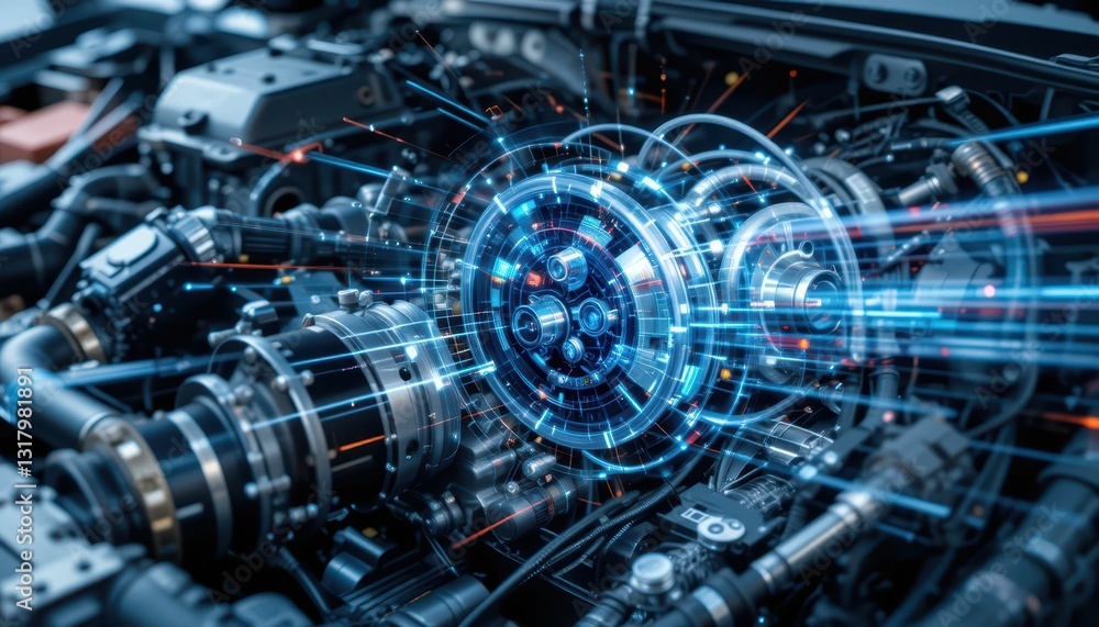 Poster futuristic digital engine visualization with data flow and mechanics