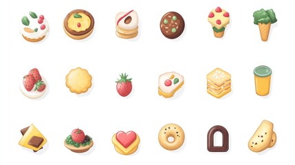 Assorted sweet treats, bakery, food icons, white background, website design