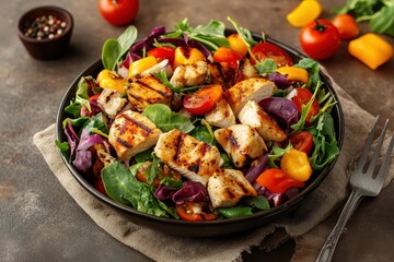 A delicious chicken salad is ready to eat on a table