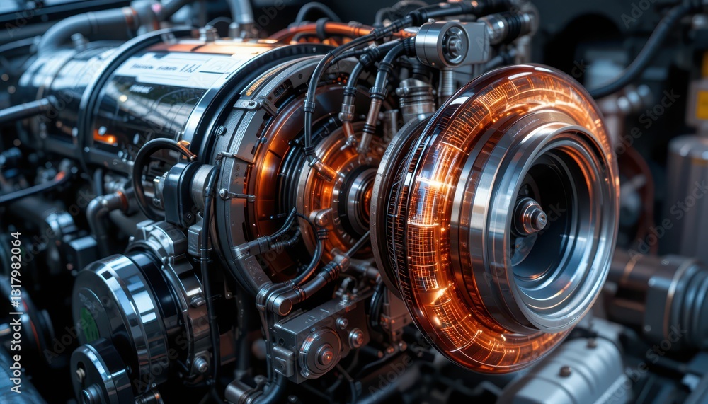Poster close-up view of a high-tech jet engine with glowing component