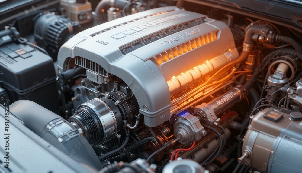 Poster modern engine detail with illuminated components and mechanisms