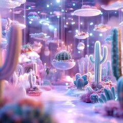 Whimsical Desert Night Scene Glowing Cacti and Floating Clouds in Purple Light