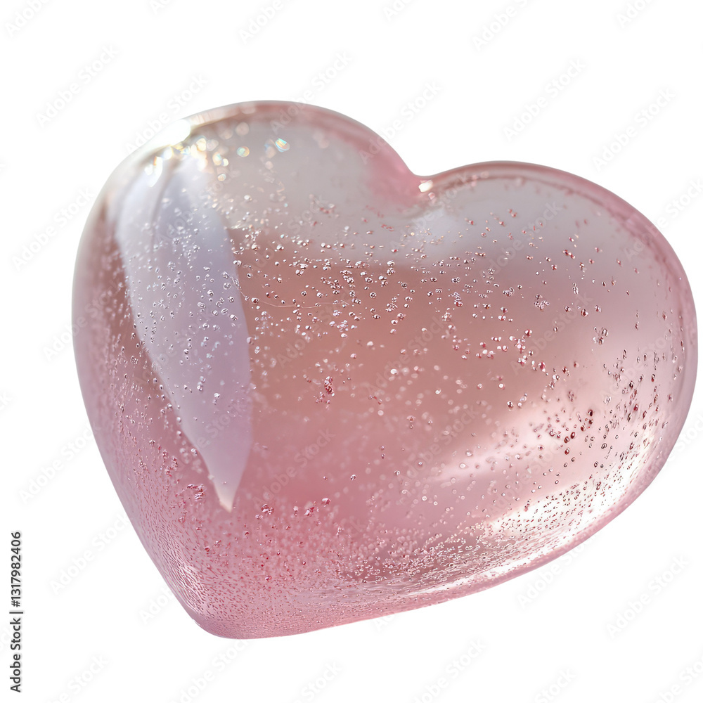 Poster heart-shaped transparent object with bubbles inside reflecting light and creating a dreamy aesthetic