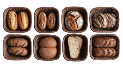 Assortment of bread in baskets, isolated on transparent background, cut out.