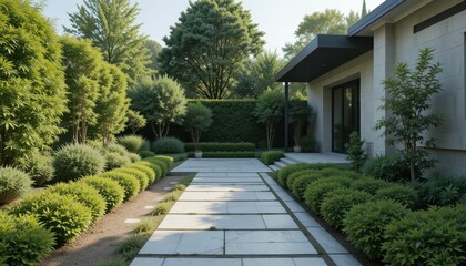 Obraz premium Serene Garden Pathway Surrounded by Lush Greenery and Trees