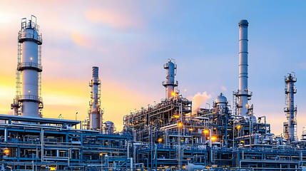 Fototapeta premium Industrial Refinery Plant at Sunset with Orange and Blue Sky Complex System of Pipes and Structures in a Modern Petrochemical Facility for Energy