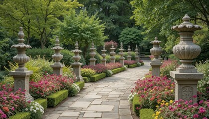 Serene Garden Pathway with Stone Lanterns and Colorful Flowers