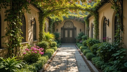 Fototapeta premium Serene Garden Pathway Surrounded by Lush Plants and Flowers