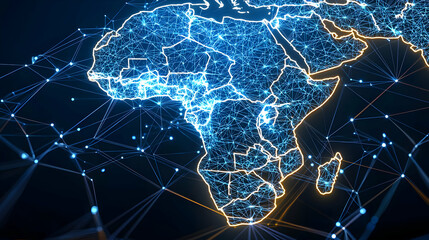 Illuminated Blue Digital Map Of Africa With Connected Network Lines Across Black Background