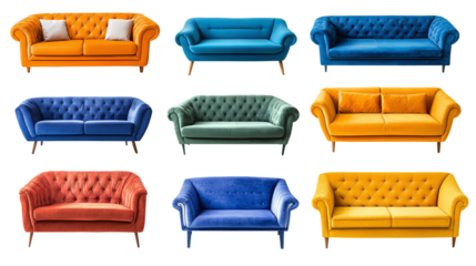 Collection of modern sofas isolated on a transparent background.