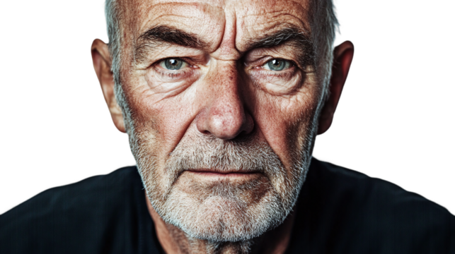 Close-up portrait of a senior man with serious expression, isolated on transparent background.