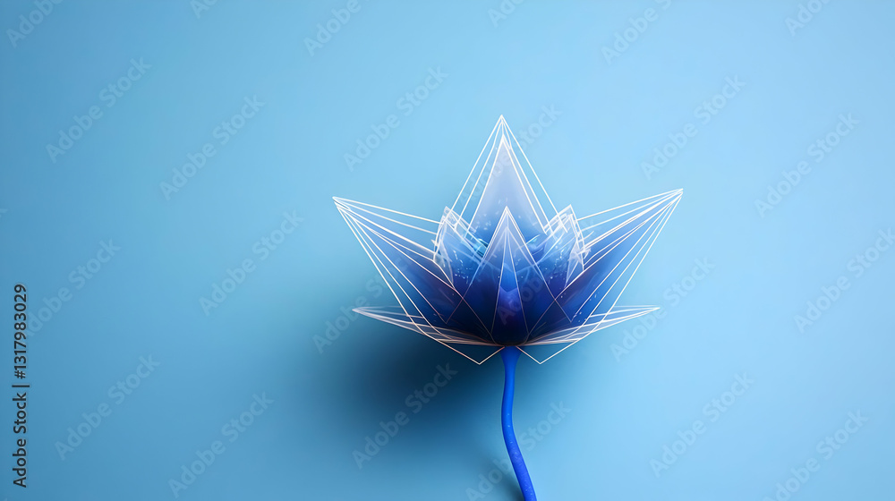 Poster blue glowing flower with intricate design on a soft blue background in a modern studio setting