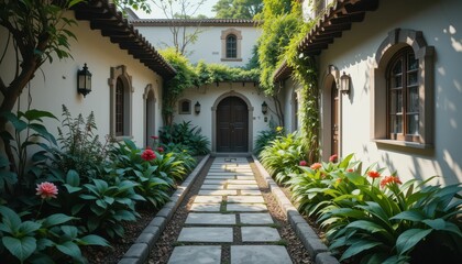 Fototapeta premium Tranquil Garden Pathway with Lush Foliage and Charming Architecture
