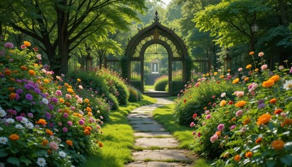 Fototapeta premium Serene Garden Path with Colorful Flowers and Elegant Archway